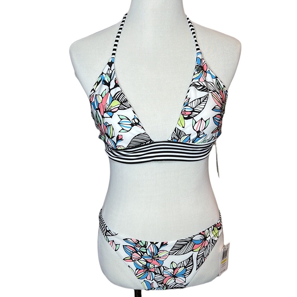 Splendid Wmns Bikini Flower Hour Halter Top Only w Lite Pads, Reverse to Stripes
